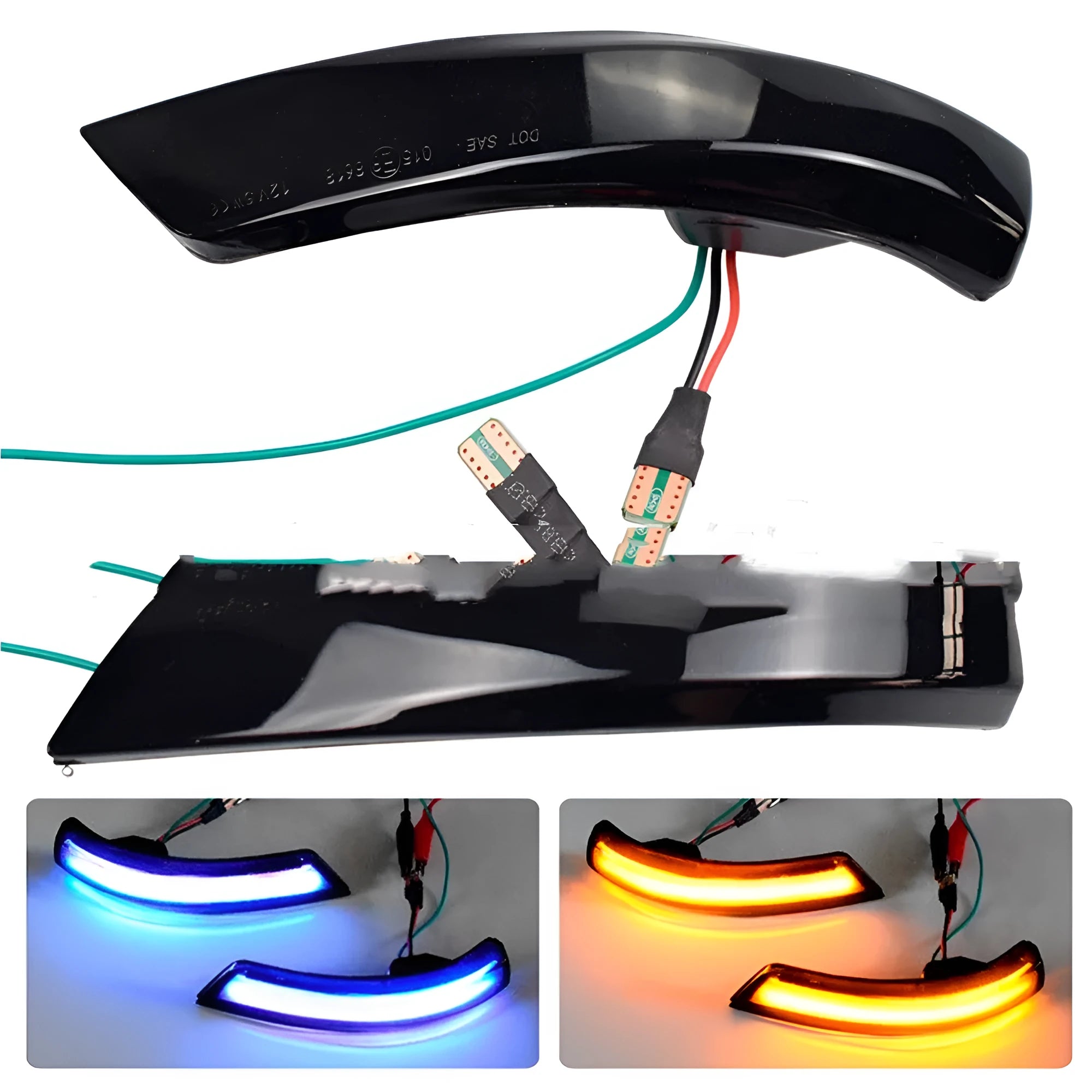 Ford Focus rearview mirror waterfall light accessory in ABS with yellow or yellow/blue LED options