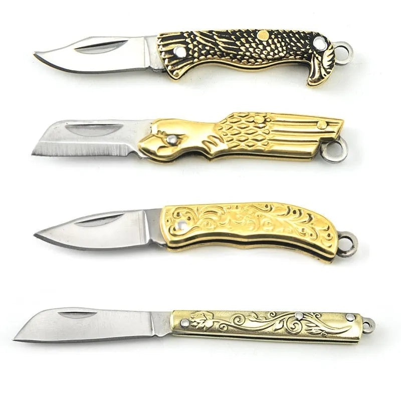 Brass mini folding knife keychain pendant with 3cm blade and 50mm or 60mm full length in five brass handle styles.