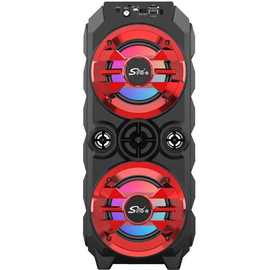 Portable Bluetooth speaker with colour LED lights in blue colour option showing control buttons