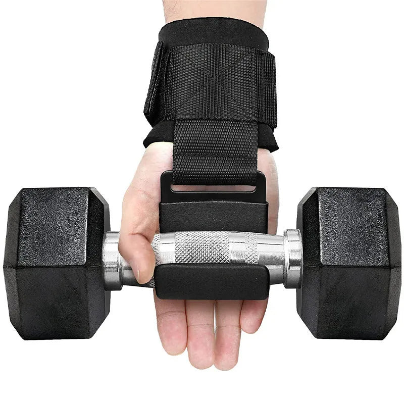 Black fitness wrist brace pair with metal hook for pull-up bar attachment