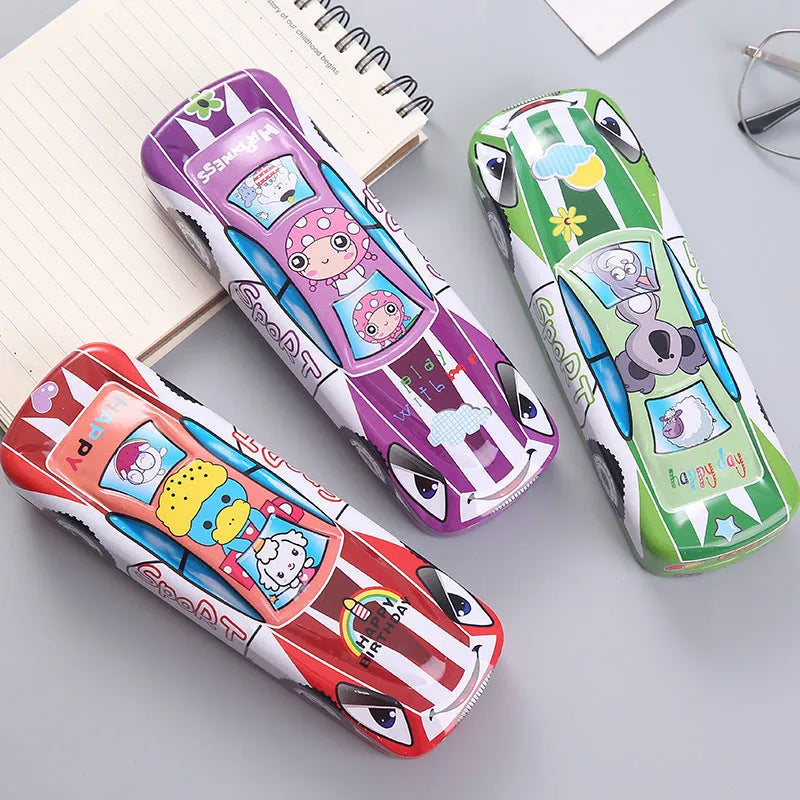 Tinplate car-shaped pencil case with cartoon patterns showing double-layer interior