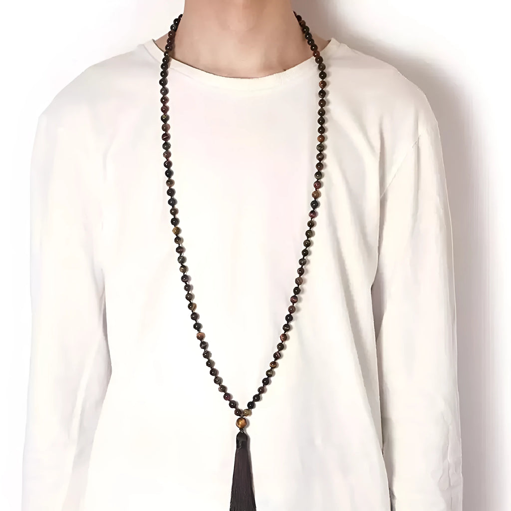 Agate geometric tassel necklace with gemstone accents showing 95-100cm length and unisex design