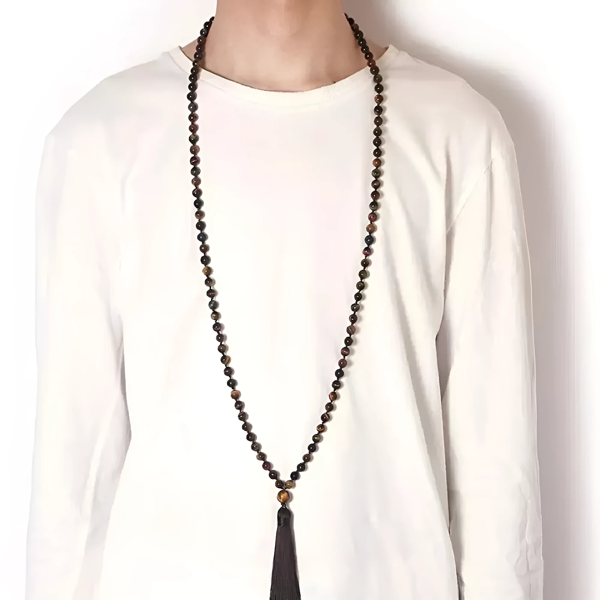 Agate geometric tassel necklace with gemstone accents showing 95-100cm length and unisex design
