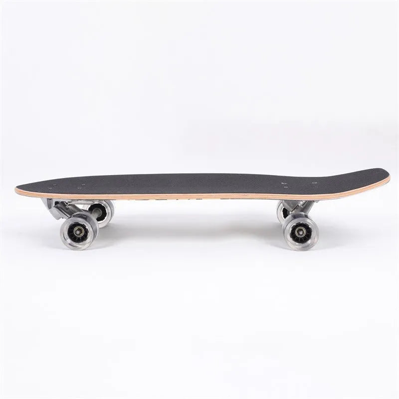 White wooden street scooter with maple deck, 31 inches long, on pavement.