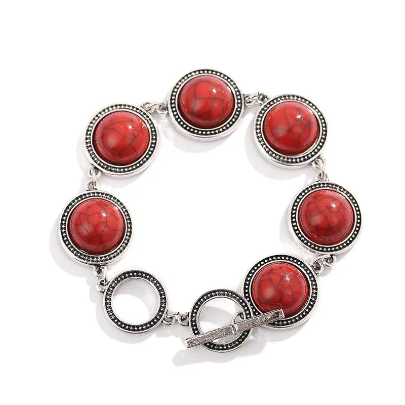 Turquoise ethnic style cuff bracelet in Green, Red, or Silver with ancient silver tone finish, 6.5cm diameter