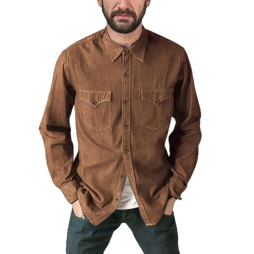 A regular fit denim cardigan coat available in khaki, black, blue, and grey colours.