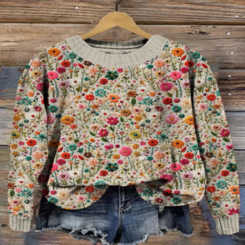 Little Flower digital printed round neck sweater in a floral pattern, available in multiple colours.