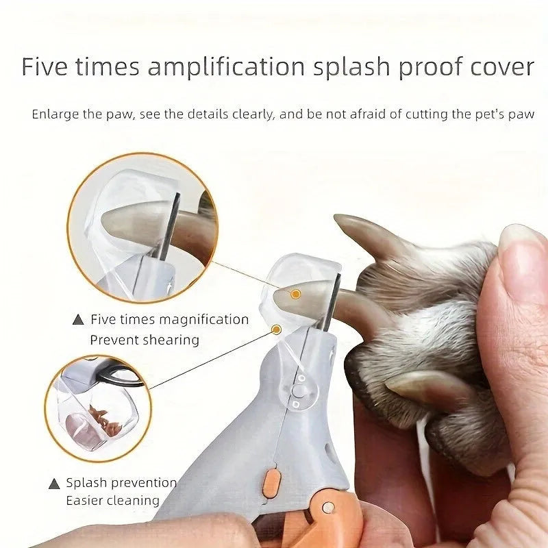 Yellow LED pet nail trimmer with magnifying glass and steel blades for trimming cat and dog nails