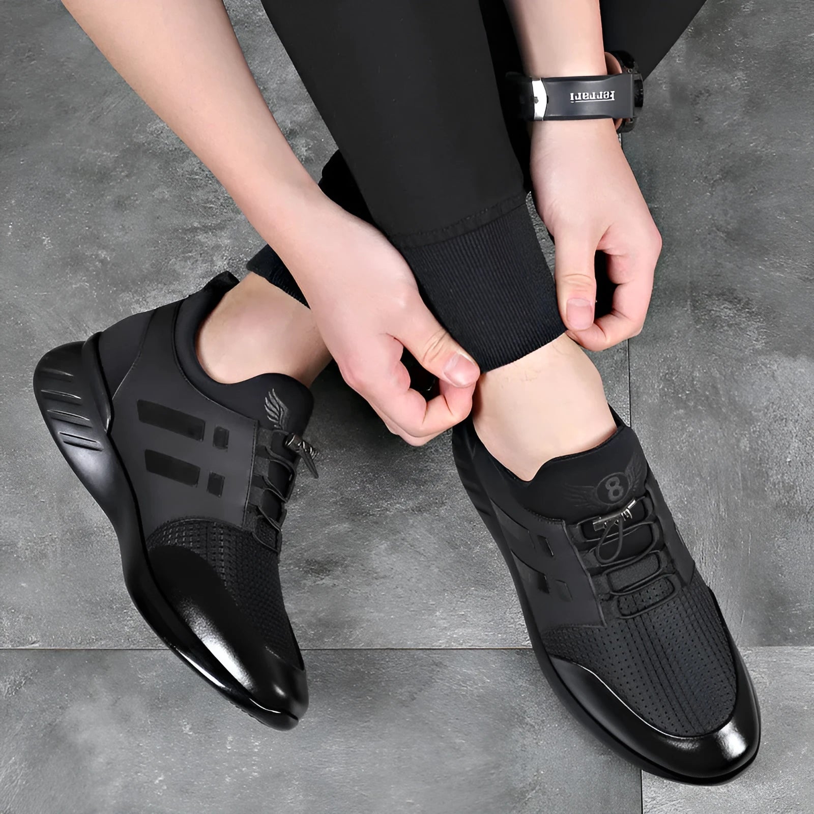 Men's black casual height increasing shoes in leather, Lycra, and mesh variants with round toe and chunky heel.