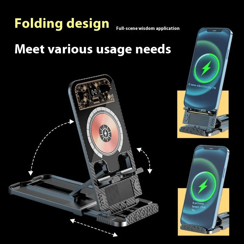 2-in-1 wireless phone charger with foldable bracket, black ABS plastic, 143mm wide