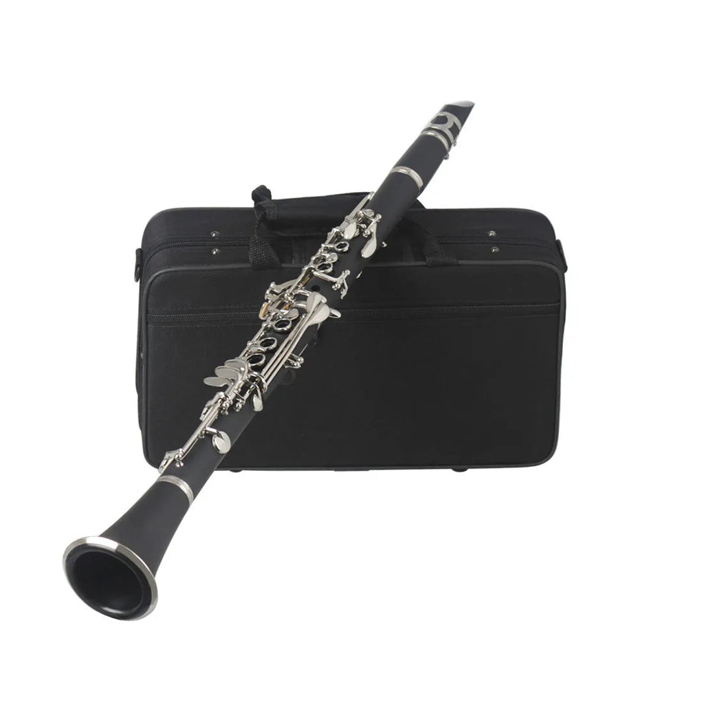 Black Bakelite clarinet with nickel-plated 17-key mechanism and protective carry bag