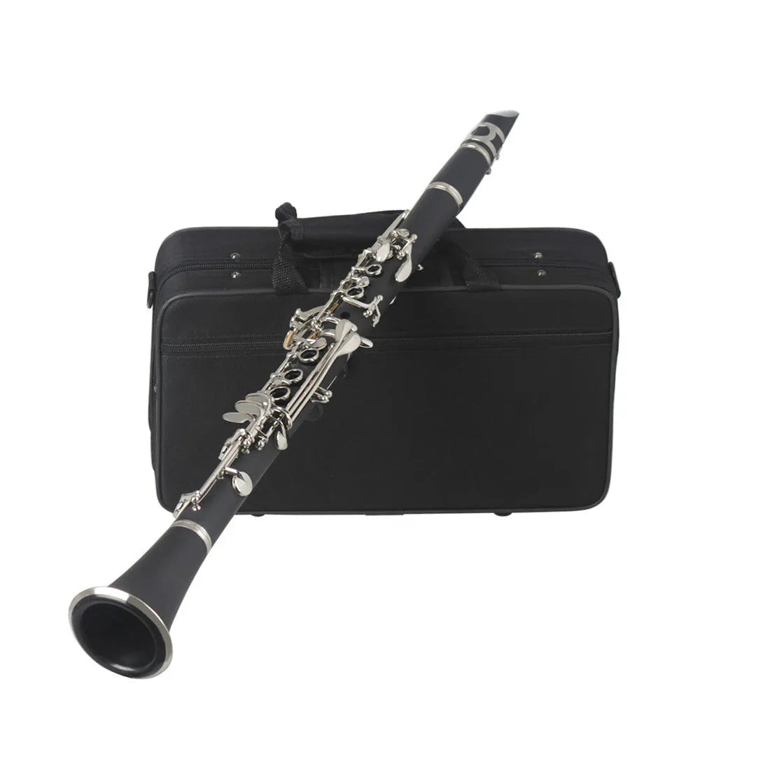 Black Bakelite clarinet with nickel-plated 17-key mechanism and protective carry bag