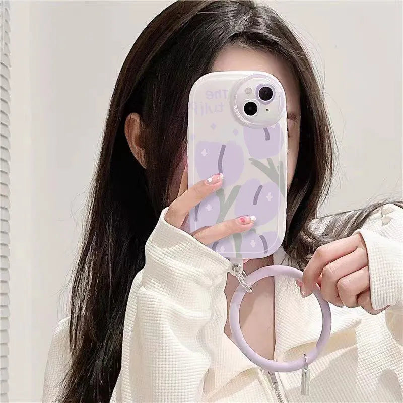 Purple tulip transparent ring phone case with matching bracelet for iPhone