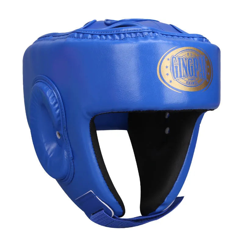 Red fully enclosed boxing helmet with jaw protection on a white background.