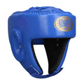 Red fully enclosed boxing helmet with jaw protection on a white background.