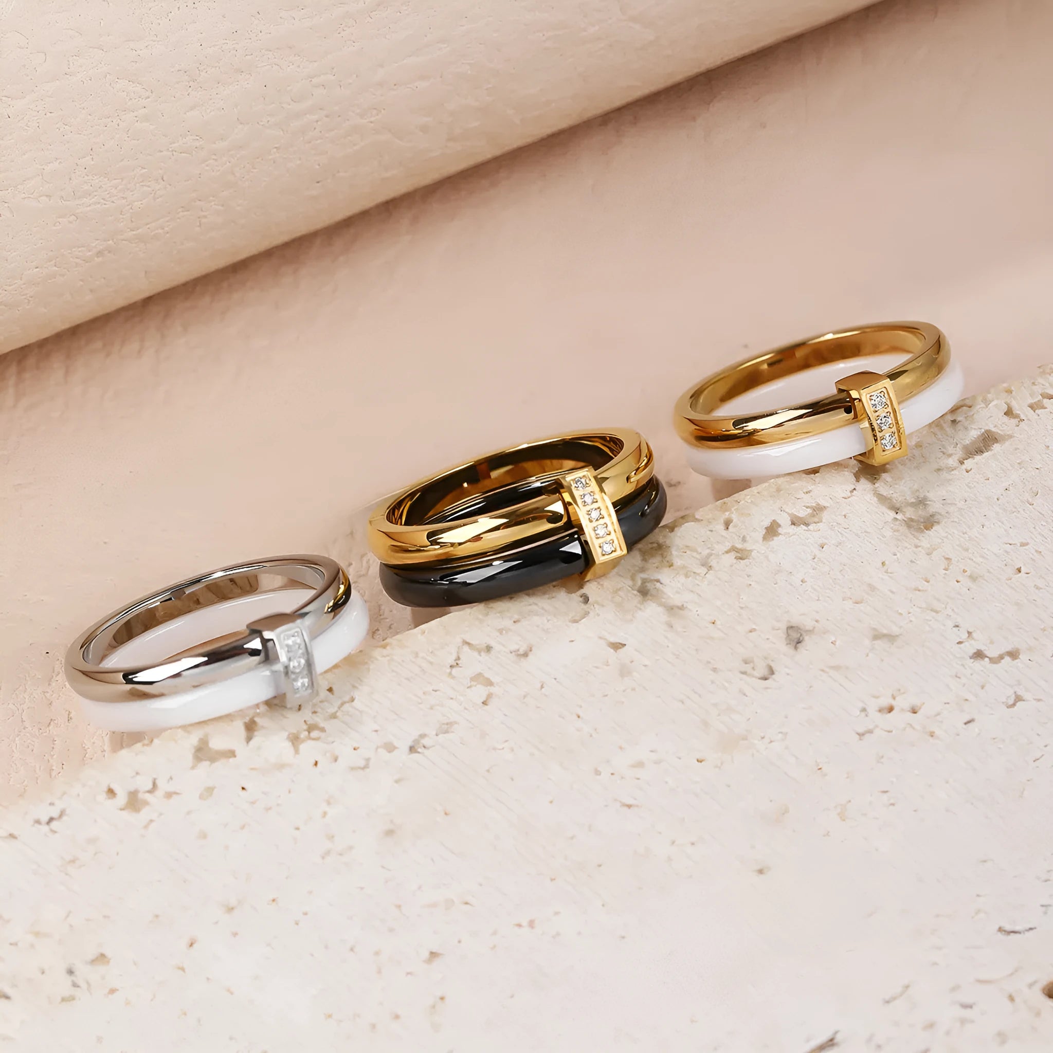 Women's titanium steel heart-shaped double ring with glossy stitching and inlaid zirconium stones