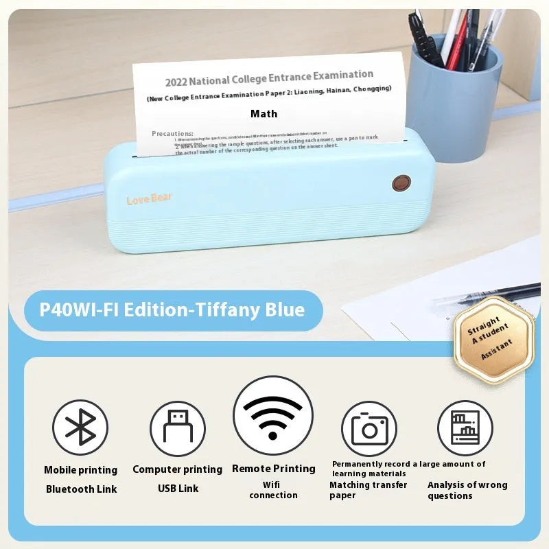 Ailixiong P40 portable thermal printer in Tiffany Blue or White colour with compact dimensions for ink-free text printing