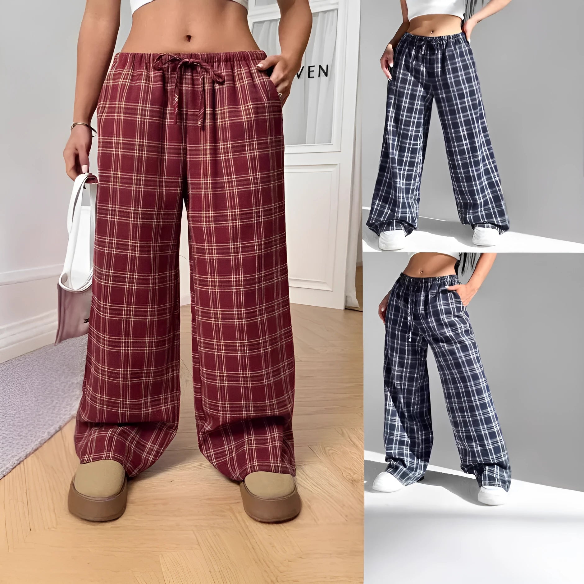 Women's plaid trousers with drawstring waist and multiple pockets in blue or red colours