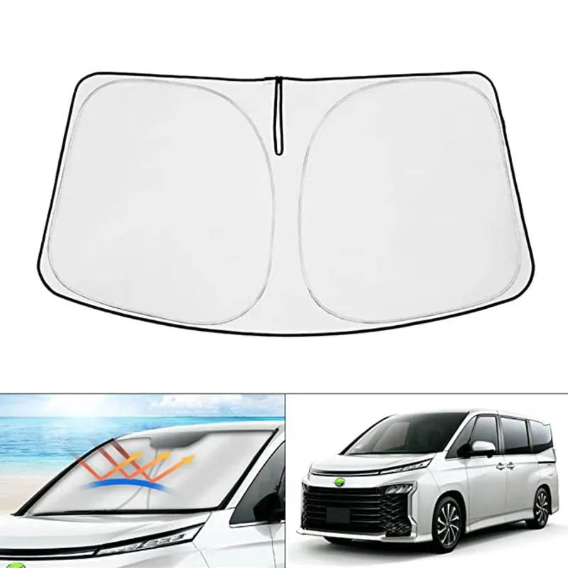 Silver tape windshield sunshade cover designed for Toyota Noah XOVY 90 Series car.