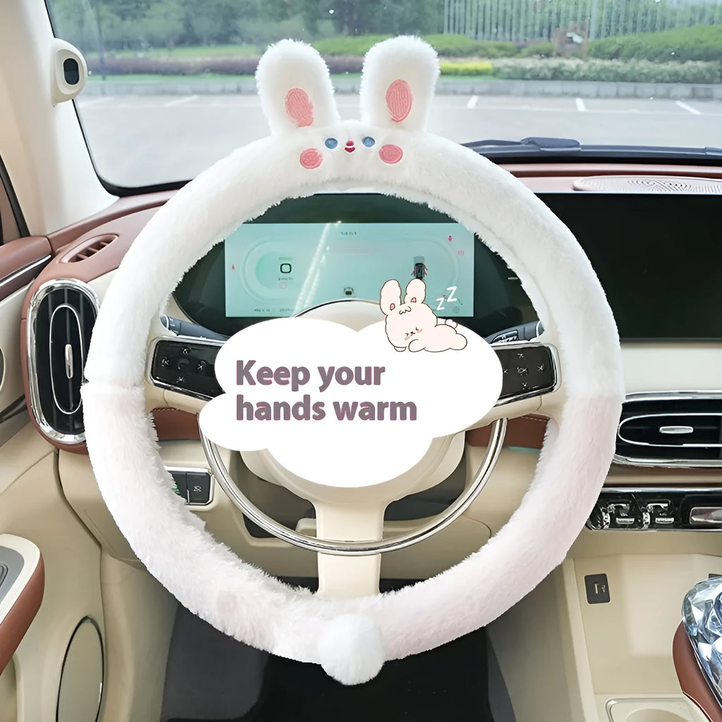 Plush cartoon animal embroidered thermal steering wheel cover for winter, shown fitted on a 38cm car steering wheel.