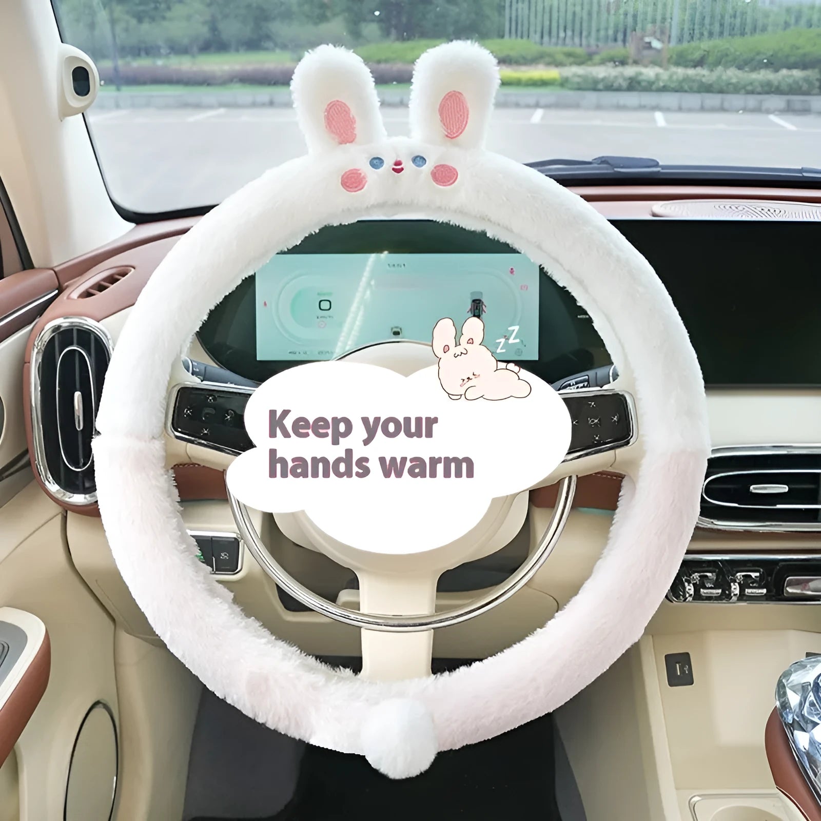 Plush cartoon animal embroidered thermal steering wheel cover for winter, shown fitted on a 38cm car steering wheel.