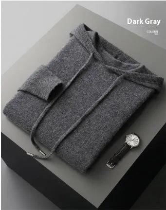 Men's light grey cashmere hooded sweatshirt and trousers leisure set on mannequin