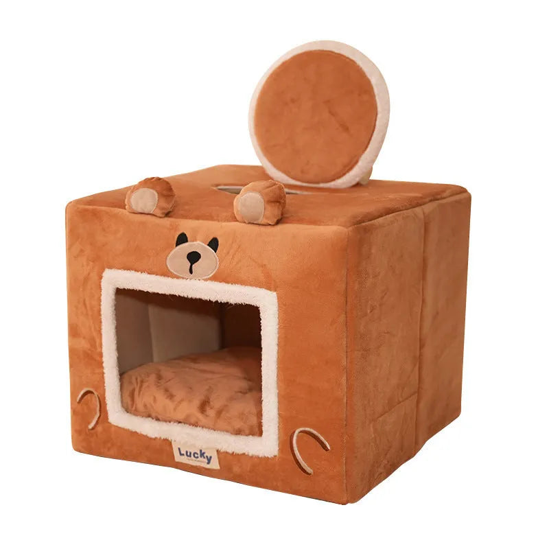 Grey and beige self-warming fleece cat bed with cave shape and removable cover, suitable for small dogs and cats up to 12.5 kg
