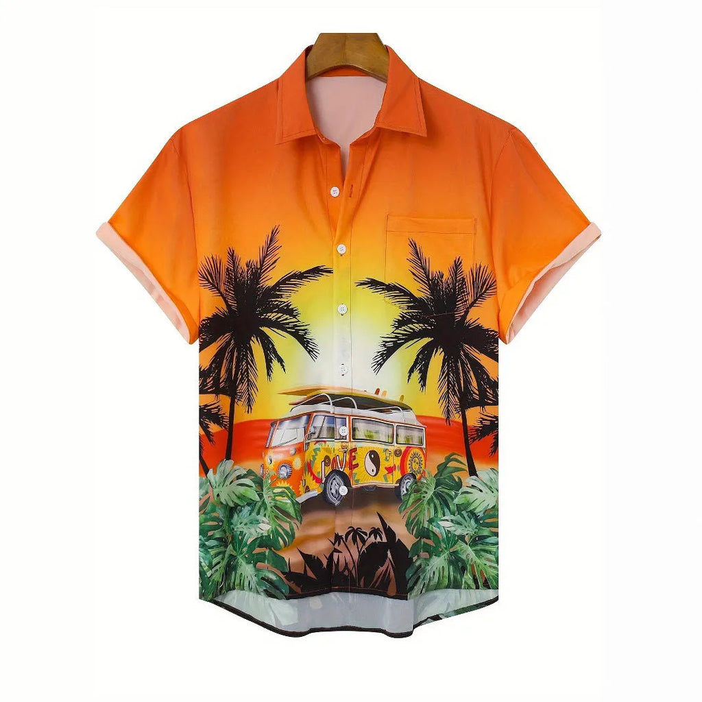 Men's 3D printed floral pattern short sleeve shirt in loose cardigan style with elastic polyester fabric