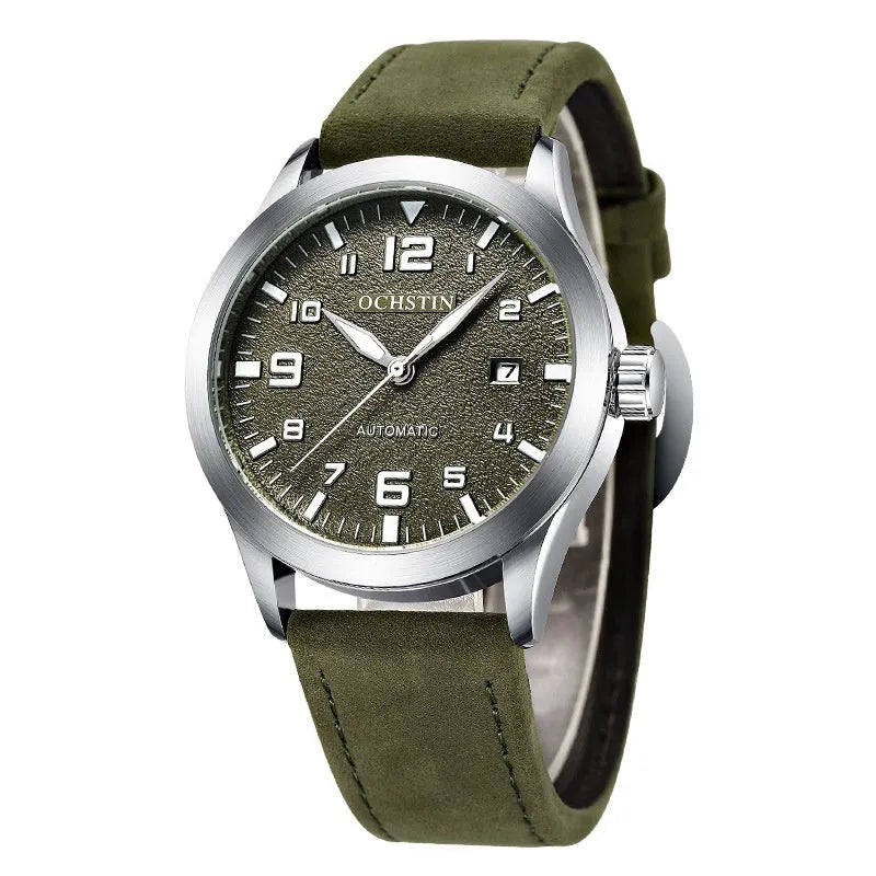 Men's retro automatic watch with business style on wrist, showing 12mm thickness and colour options.