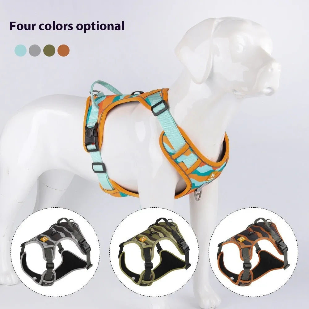 Reflective orange dog harness and leash with hand-holding rope on a chest and back design.
