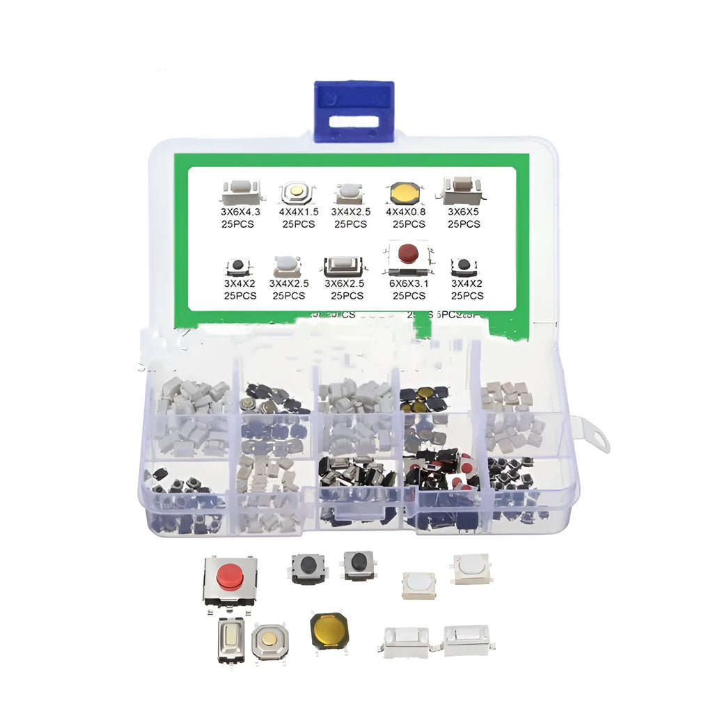 250-piece box of surface mount tactile switch buttons for PCB electronics assembly