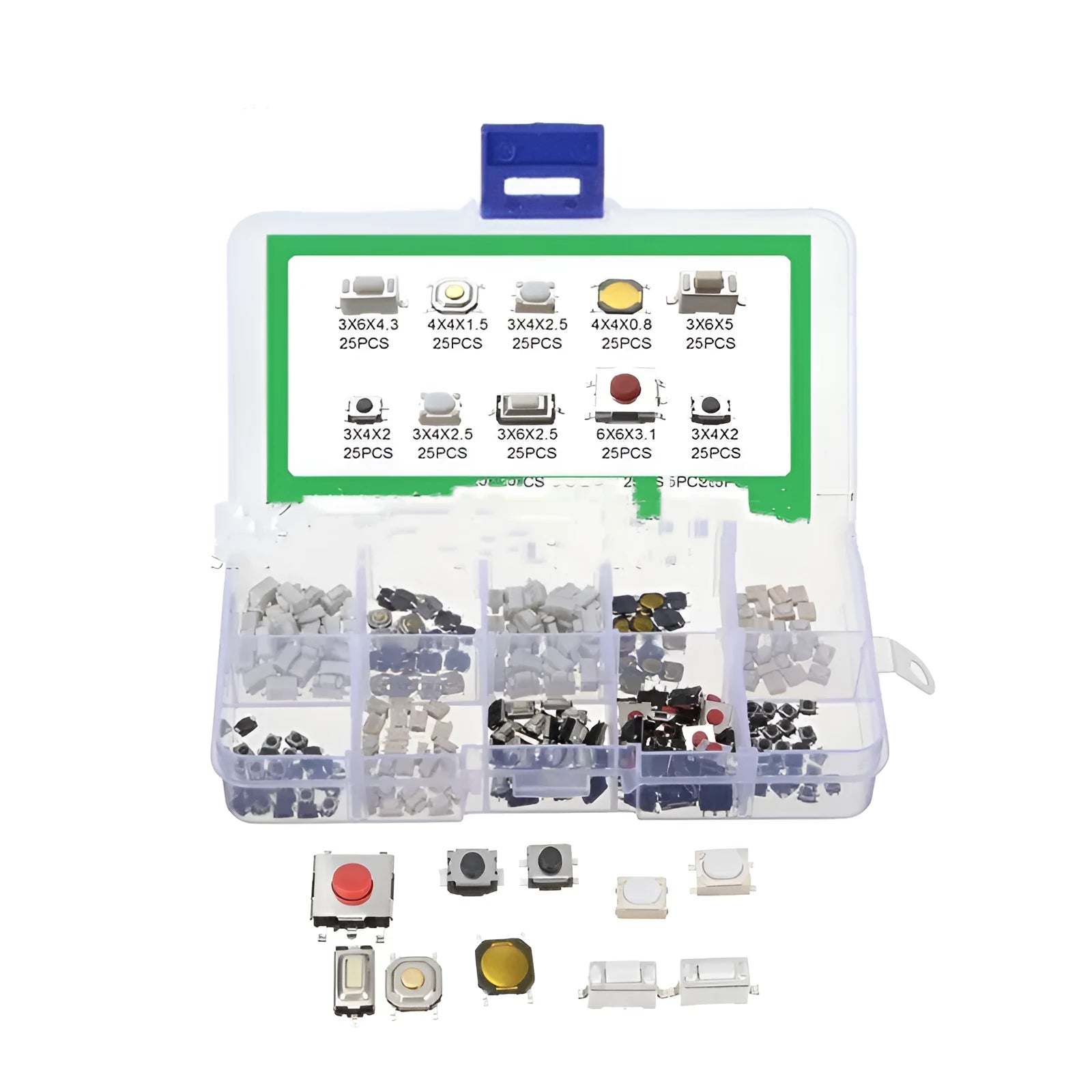 250-piece box of surface mount tactile switch buttons for PCB electronics assembly