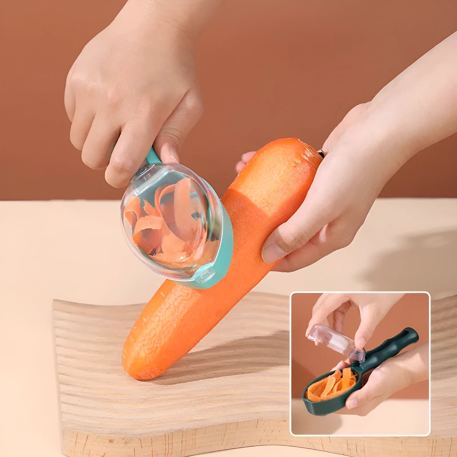 Yellow peeling knife with a blade cover, next to a potato on a kitchen counter