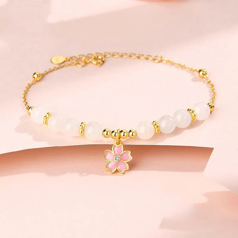 S925 silver bracelet with gradient pink cherry blossom epoxy pendant and Hetian jade beads