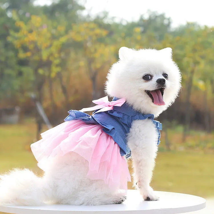 Korean style light blue denim skirt for a dog with a large white bow on the back