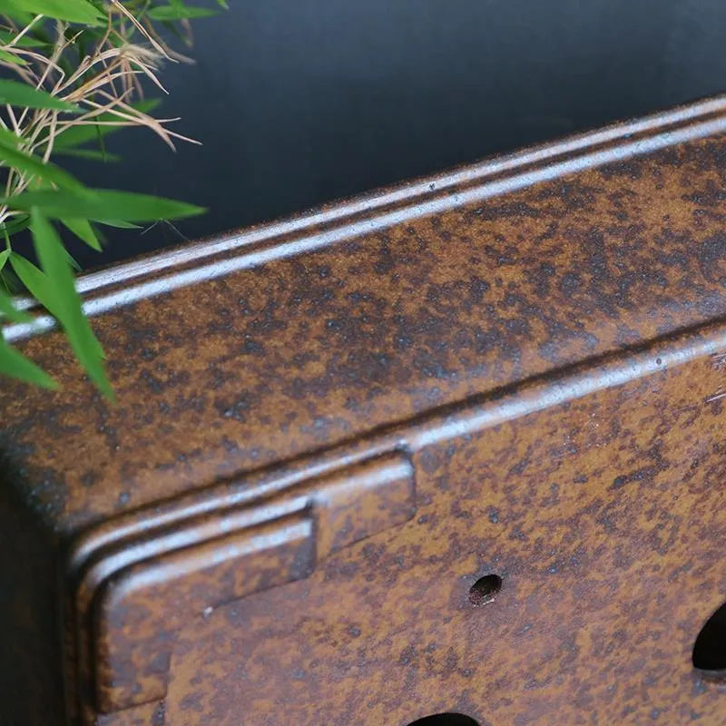 A rectangular purple sand bonsai pot with a linear firewood burning pattern, shown in two sizes.