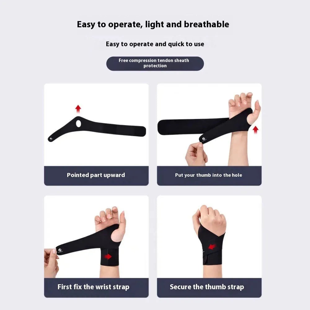 Adjustable black athletic wristguard shown on a wrist, suitable for sports like tennis and badminton.