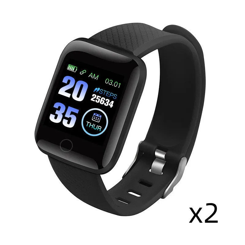 D13 smart bracelet with colour screen showing heart rate, available in blue, black, red, purple, green.