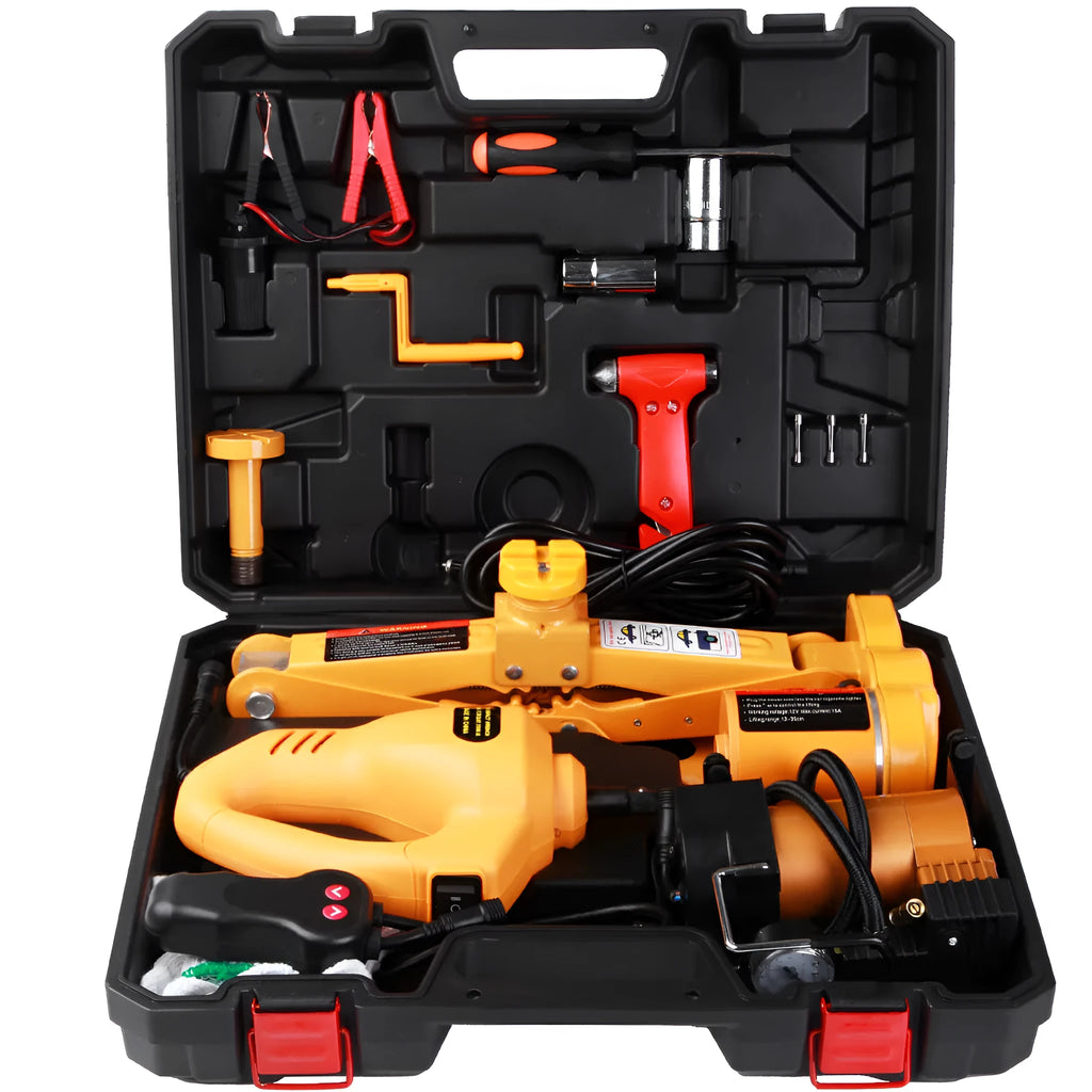 Yellow car electric jack set with electric wrench for vehicle lifting and maintenance