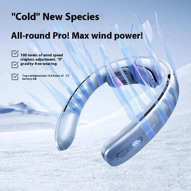 Silver grey hanging neck portable fan with no-blade design and USB charging cable