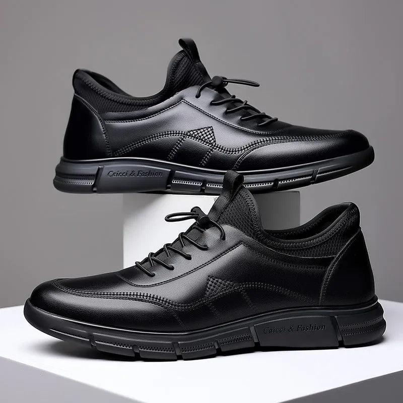Men's black leather casual shoes with square heels and rubber soles
