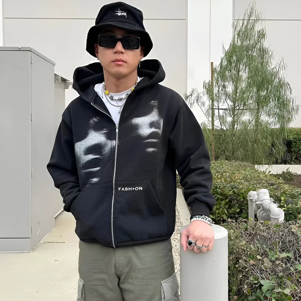 Black Y2K loose fit zip hoodie for men and women, front view, Korean streetwear style