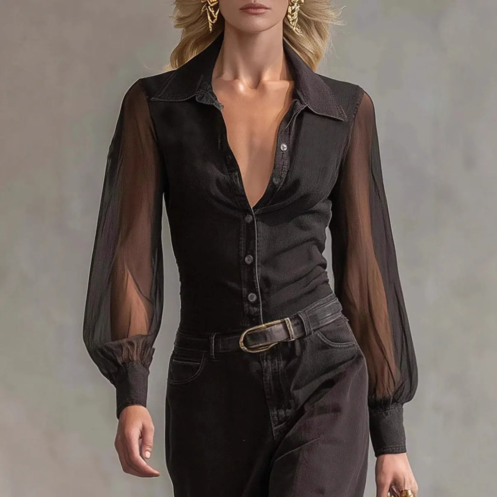 Black long sleeve see-through mesh dress with blouse collar and asymmetric hem pulled over model