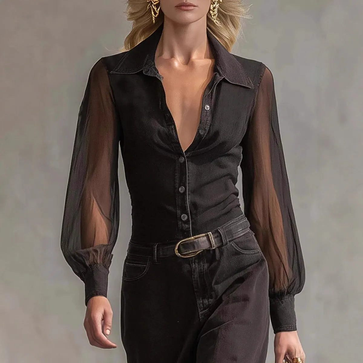 Black long sleeve see-through mesh dress with blouse collar and asymmetric hem pulled over model