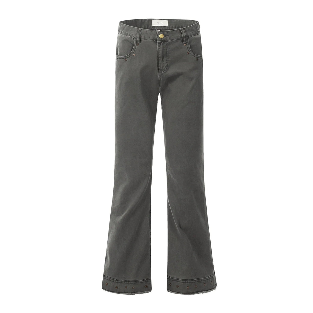 American retro straight-leg cotton jeans in black or gray green with mid-waist fit and horn leg opening