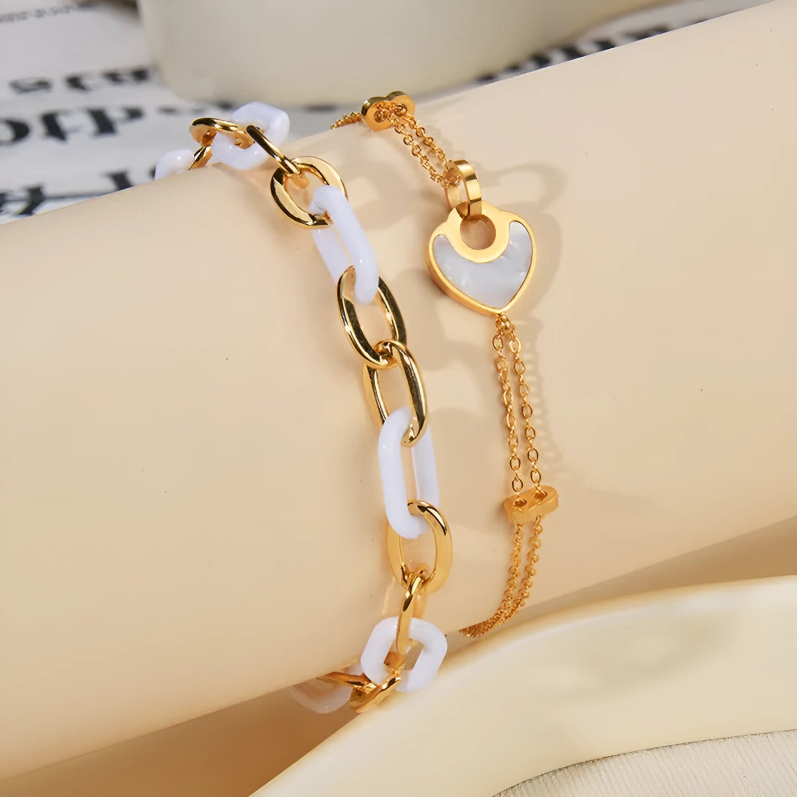 Women's stainless steel resin bracelet with double layer loving heart design and electroplated finish