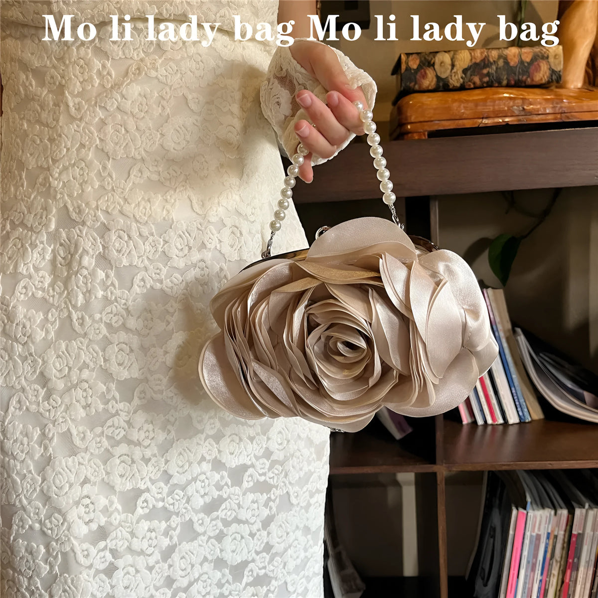 Chinese retro dinner bag flower clutch with pearl chain in black, white, or champagne, square vertical polyester bag