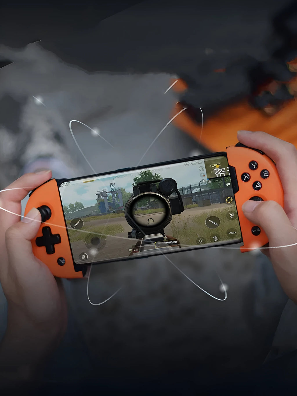 Feizhi Wee2T blue plastic USB mobile game controller stretching to hold a smartphone.