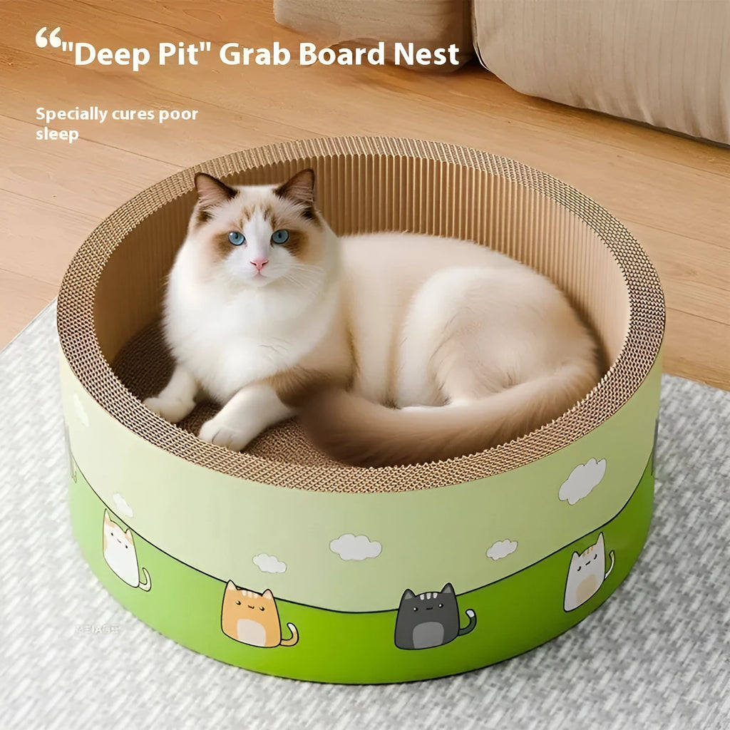 Large round deep pit cat scratch board in corrugated paper, shown in HK round pit colour.