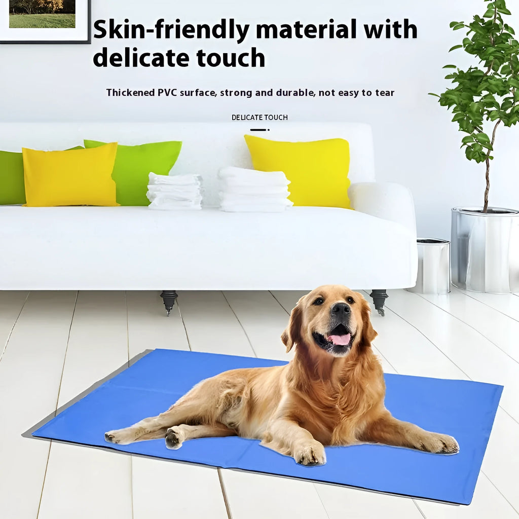 Sapphire blue cool gel summer pet ice mat made from PVC composite fabric, 50x90cm size, with dog lying on it
